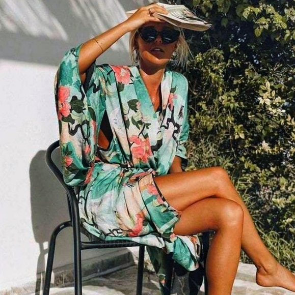 Long Open Duster Jacket in Teal & Red Print  YL- 47
